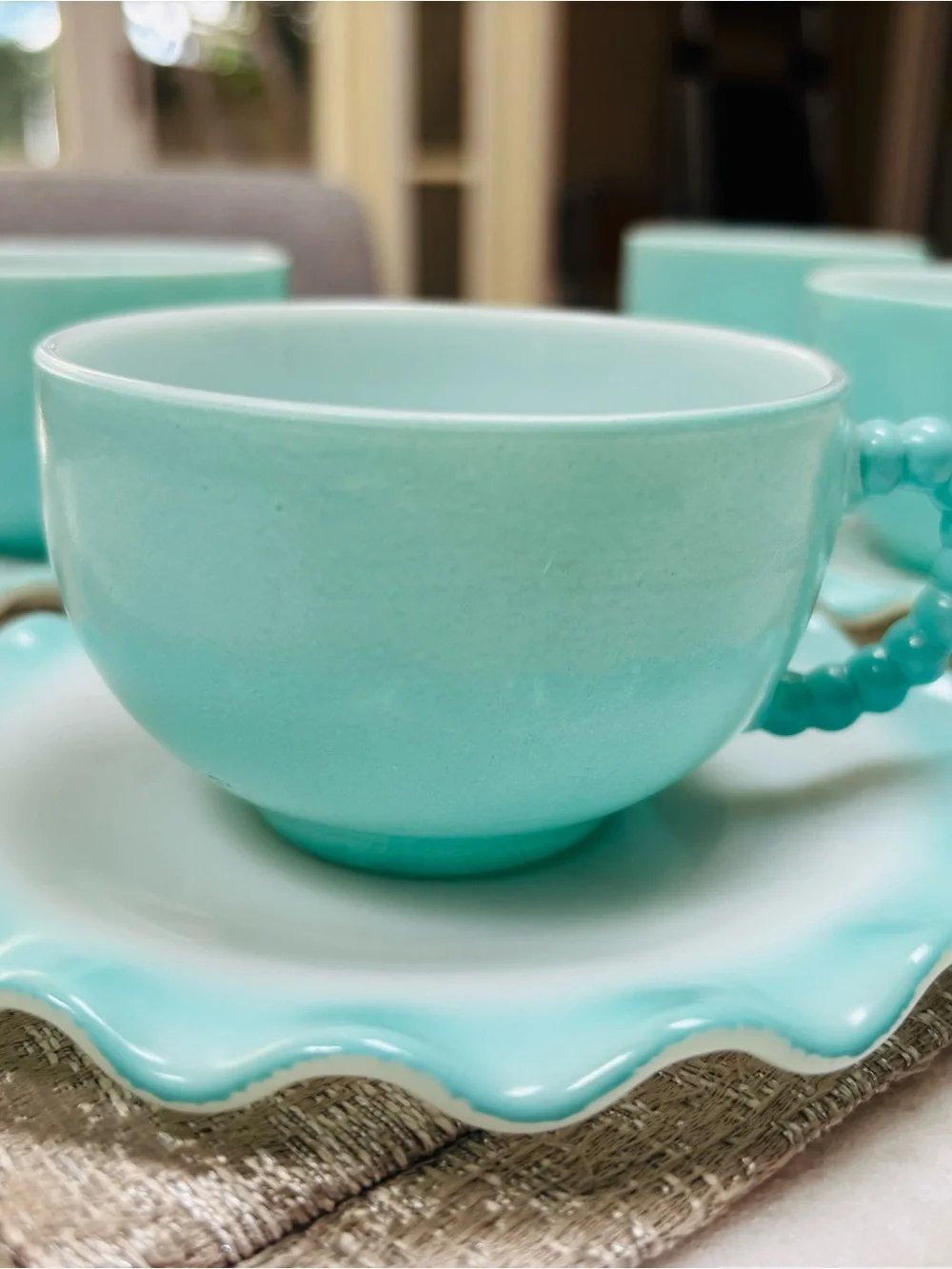 Vintage Hazel Atlas Turquoise Ripple Crinoline Cup and Saucer lot of 4